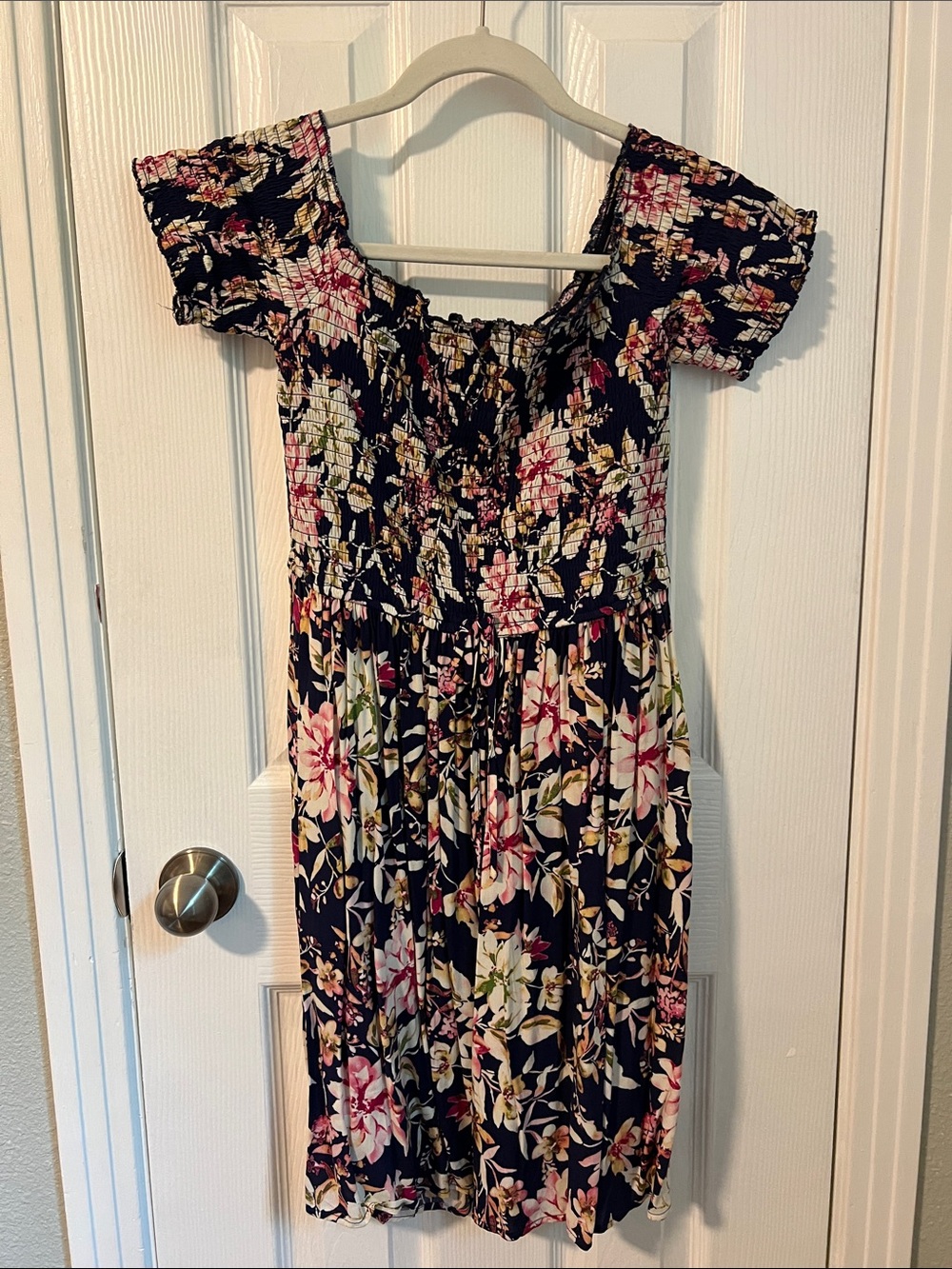 Floral Off-Shoulder Smocked Mini Dress - Navy Pink Green